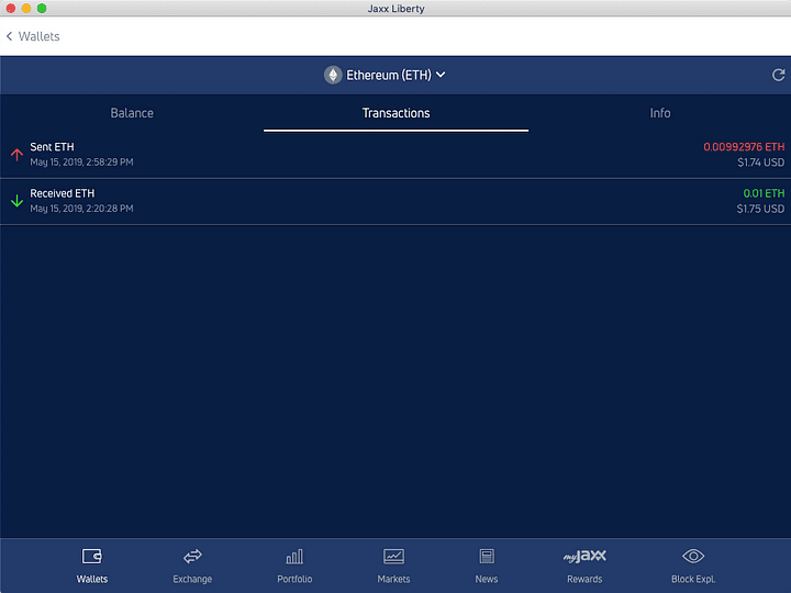 Account history shown in table view with basic transaction details